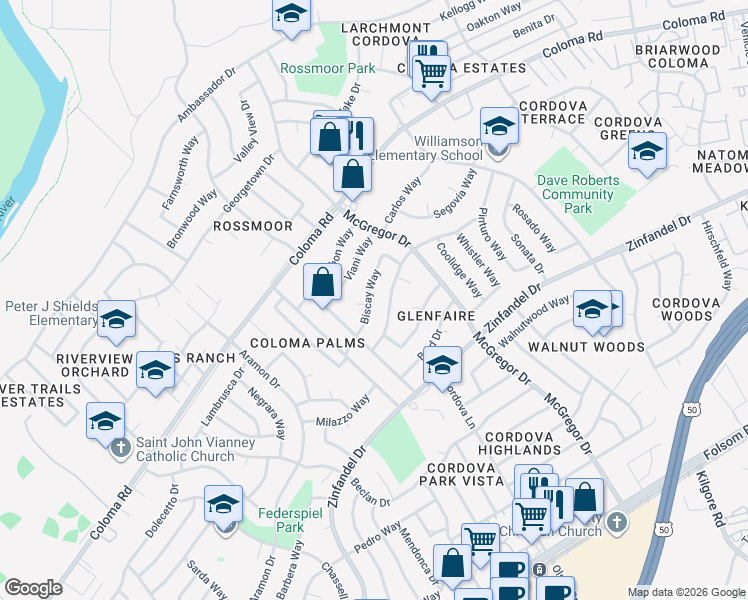 map of restaurants, bars, coffee shops, grocery stores, and more near 10653 Biscay Way in Rancho Cordova