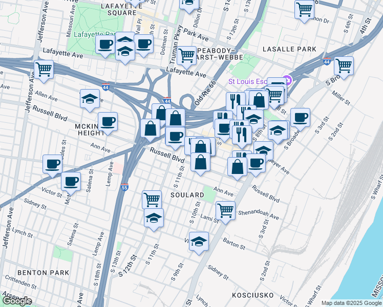 map of restaurants, bars, coffee shops, grocery stores, and more near 1104 Allen Avenue in St. Louis