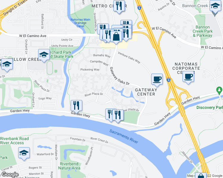 map of restaurants, bars, coffee shops, grocery stores, and more near 2255 River Plaza Drive in Sacramento