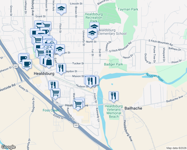 map of restaurants, bars, coffee shops, grocery stores, and more near 99 1st Street in Healdsburg