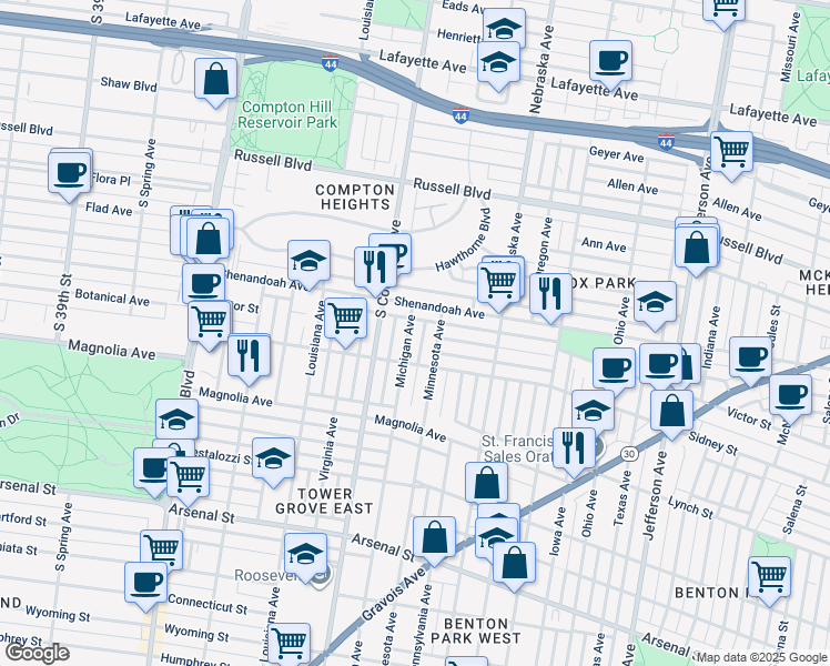 map of restaurants, bars, coffee shops, grocery stores, and more near 2328 Michigan Avenue in St. Louis