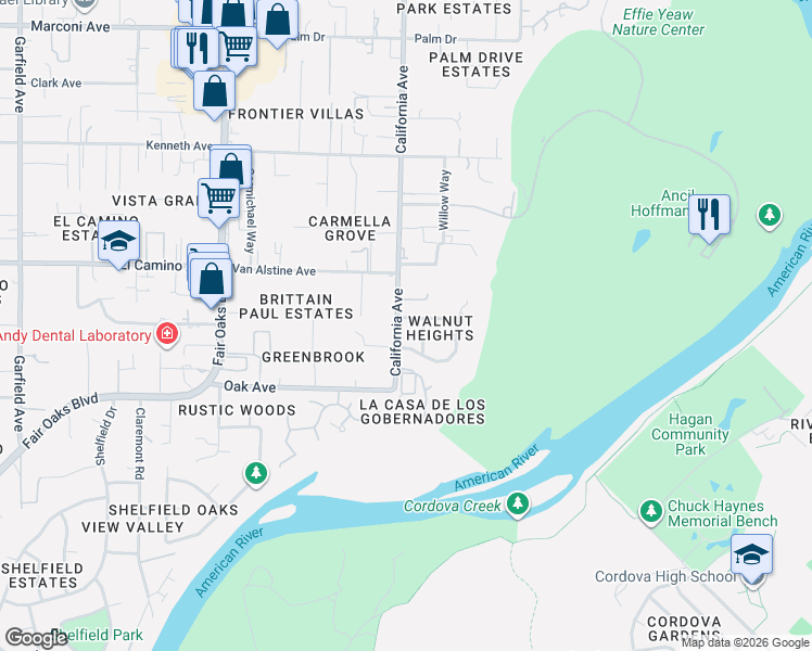 map of restaurants, bars, coffee shops, grocery stores, and more near 6201 Mahala Drive in Carmichael