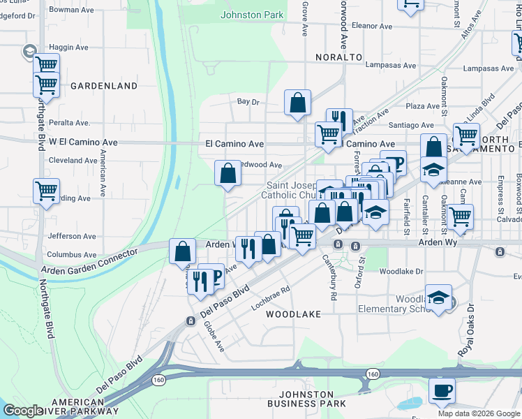 map of restaurants, bars, coffee shops, grocery stores, and more near 2320 Traction Avenue in Sacramento