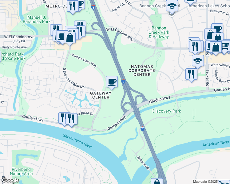 map of restaurants, bars, coffee shops, grocery stores, and more near 2450 Venture Oaks Way in Sacramento