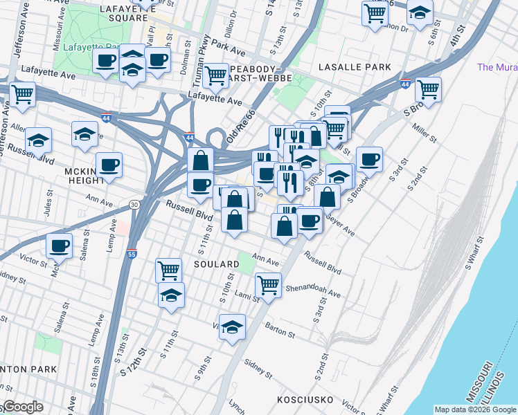 map of restaurants, bars, coffee shops, grocery stores, and more near 1852 South 10th Street in St. Louis