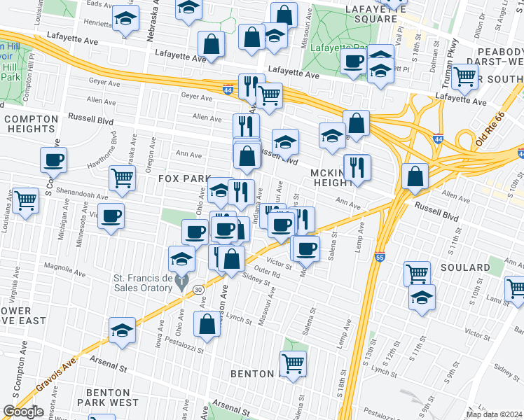 map of restaurants, bars, coffee shops, grocery stores, and more near 2231 Missouri Avenue in St. Louis