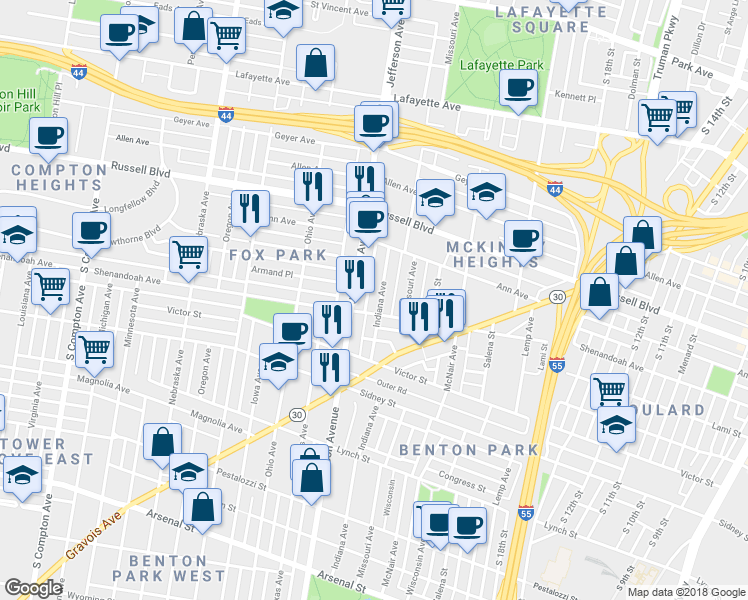 map of restaurants, bars, coffee shops, grocery stores, and more near 2252 South Jefferson Avenue in St. Louis