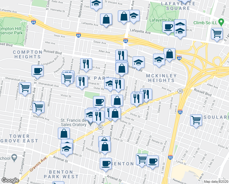 map of restaurants, bars, coffee shops, grocery stores, and more near 2628 Armand Place in St. Louis