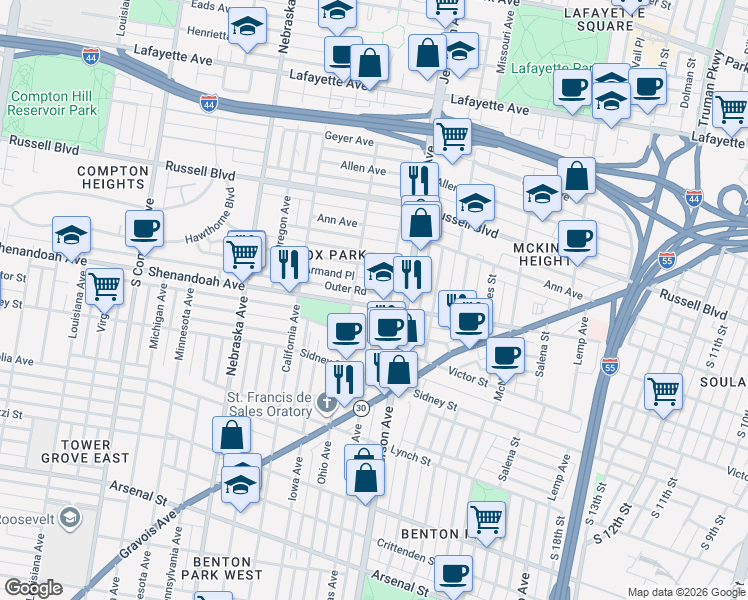 map of restaurants, bars, coffee shops, grocery stores, and more near 2628 Armand Place in St. Louis