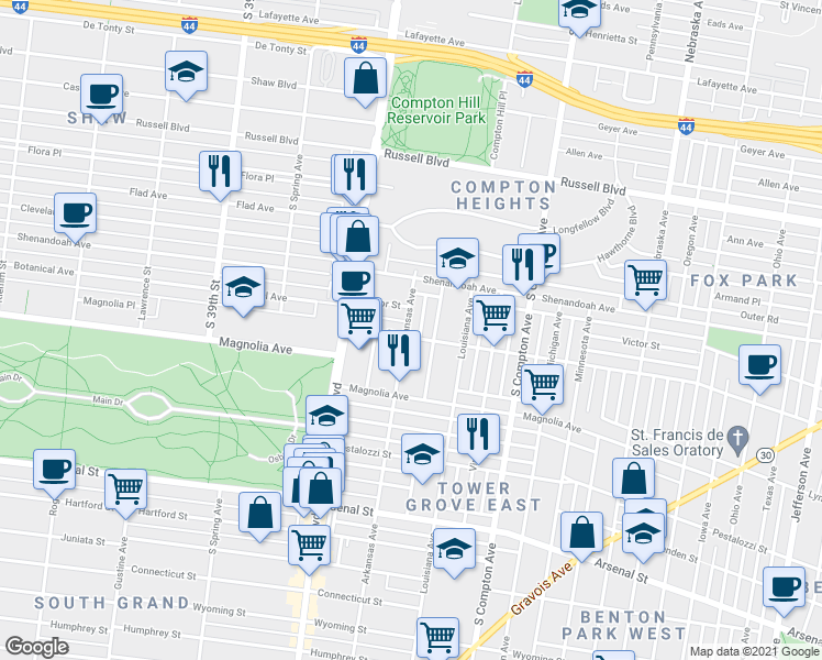 map of restaurants, bars, coffee shops, grocery stores, and more near 2332 Arkansas Avenue in St. Louis