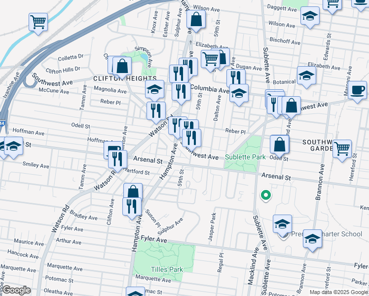 map of restaurants, bars, coffee shops, grocery stores, and more near 5929 Southwest Avenue in St. Louis