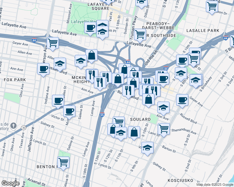 map of restaurants, bars, coffee shops, grocery stores, and more near 1400 Russell Boulevard in St. Louis