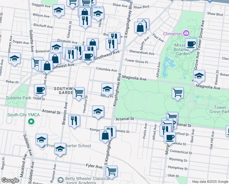 map of restaurants, bars, coffee shops, grocery stores, and more near 2733 South Kingshighway Boulevard in St. Louis