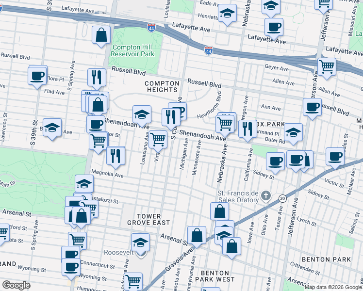 map of restaurants, bars, coffee shops, grocery stores, and more near 2315 South Compton Avenue in St. Louis
