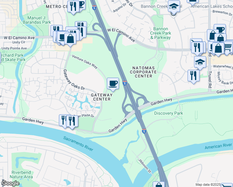 map of restaurants, bars, coffee shops, grocery stores, and more near 2450 Venture Oaks Way in Sacramento