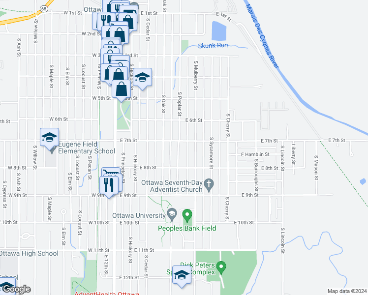 map of restaurants, bars, coffee shops, grocery stores, and more near 701 South Poplar Street in Ottawa
