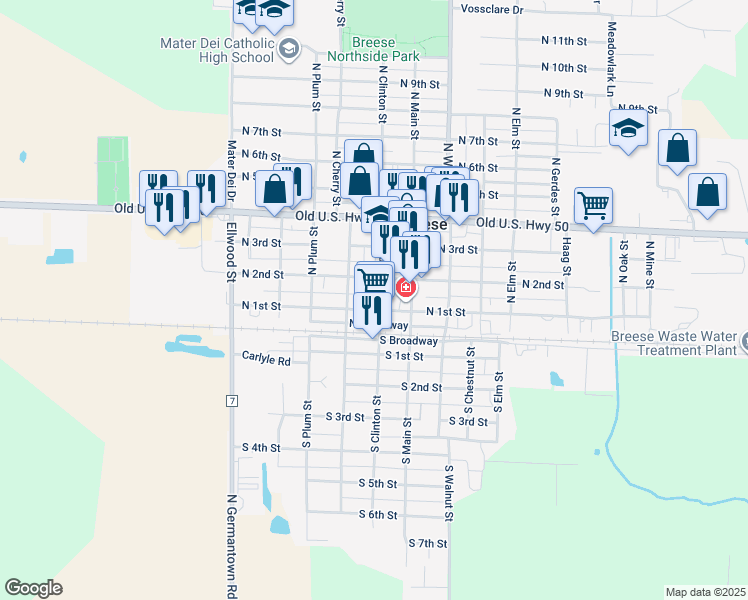 map of restaurants, bars, coffee shops, grocery stores, and more near 141 North Clinton Street in Breese