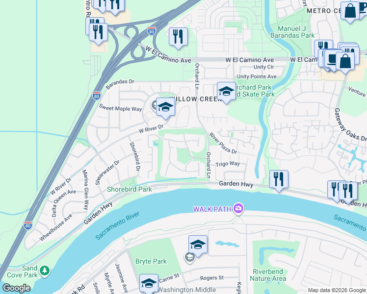 map of restaurants, bars, coffee shops, grocery stores, and more near 3030 Swallows Nest Drive in Sacramento