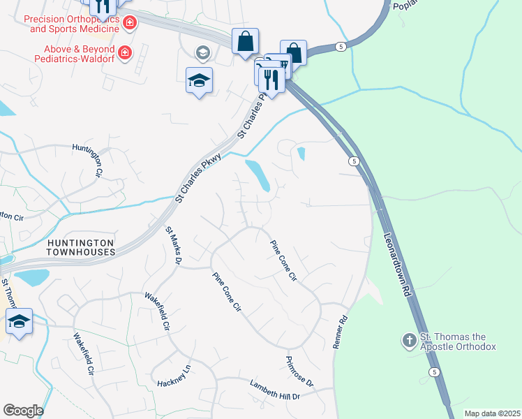 map of restaurants, bars, coffee shops, grocery stores, and more near 3461 Orchid Place in Waldorf