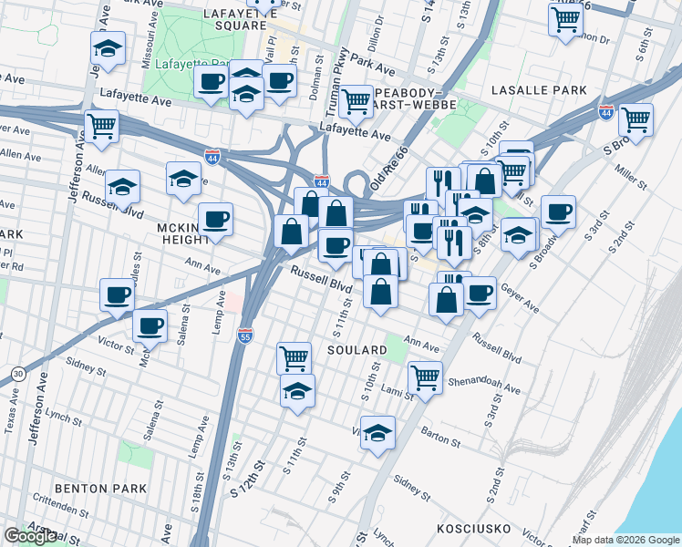 map of restaurants, bars, coffee shops, grocery stores, and more near 1104 Allen Avenue in St. Louis