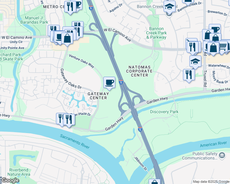 map of restaurants, bars, coffee shops, grocery stores, and more near 2450 Venture Oaks Way in Sacramento