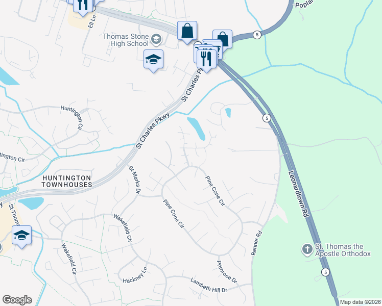map of restaurants, bars, coffee shops, grocery stores, and more near 3463 Barberry Place in Waldorf