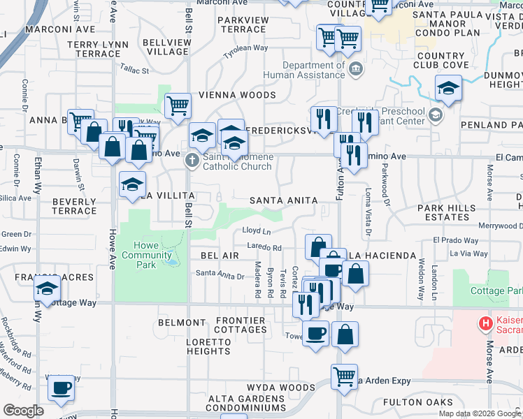 map of restaurants, bars, coffee shops, grocery stores, and more near 2360 Hernando Road in Sacramento