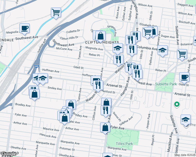 map of restaurants, bars, coffee shops, grocery stores, and more near 6221 Hoffman Avenue in St. Louis