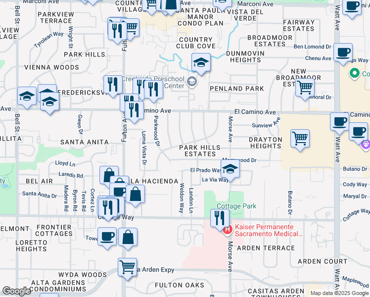 map of restaurants, bars, coffee shops, grocery stores, and more near 2403 Brentwood Road in Sacramento