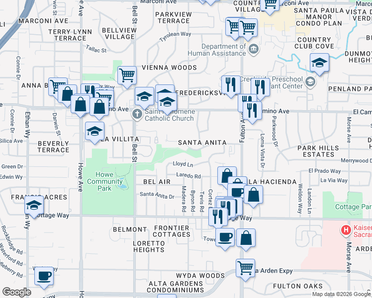 map of restaurants, bars, coffee shops, grocery stores, and more near 2360 Hernando Road in Sacramento