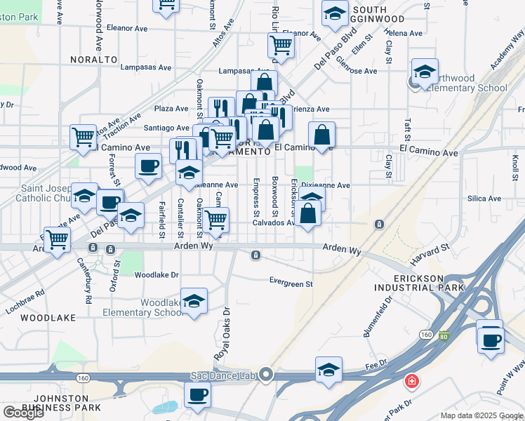 map of restaurants, bars, coffee shops, grocery stores, and more near 2357 Empress Street in Sacramento