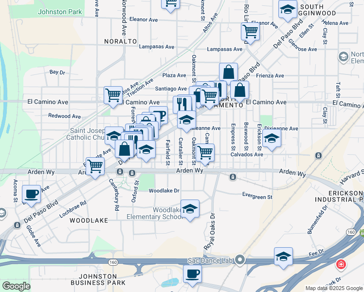 map of restaurants, bars, coffee shops, grocery stores, and more near 2367 Cantalier Street in Sacramento