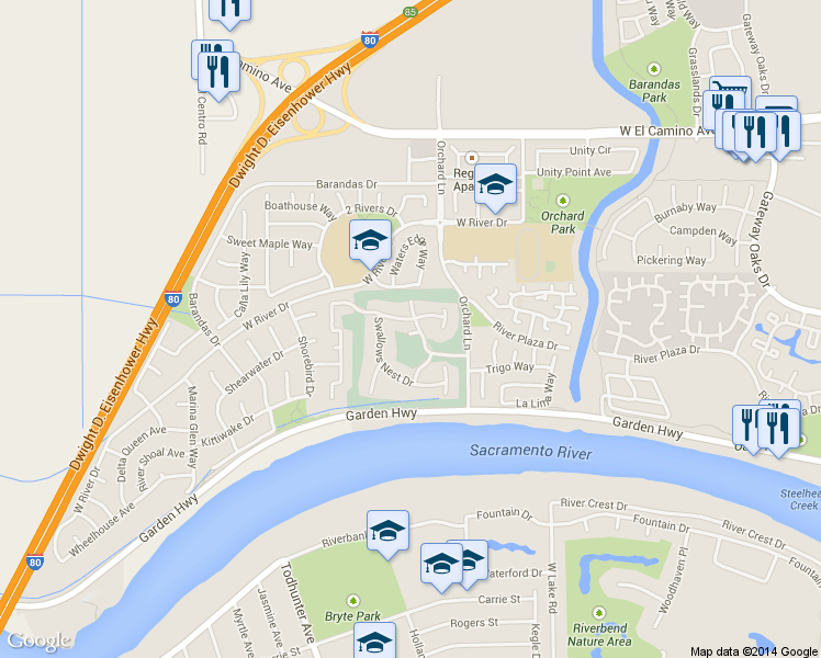 map of restaurants, bars, coffee shops, grocery stores, and more near 2333 Pro Am Court in Sacramento