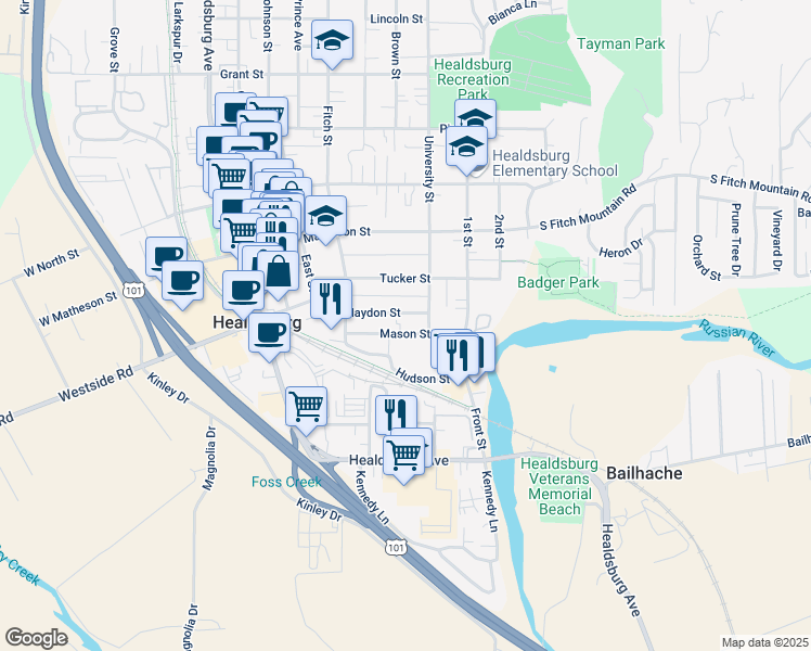 map of restaurants, bars, coffee shops, grocery stores, and more near 435 Haydon Street in Healdsburg