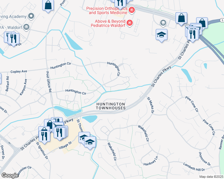 map of restaurants, bars, coffee shops, grocery stores, and more near 3037 Heath Cote Road in Waldorf