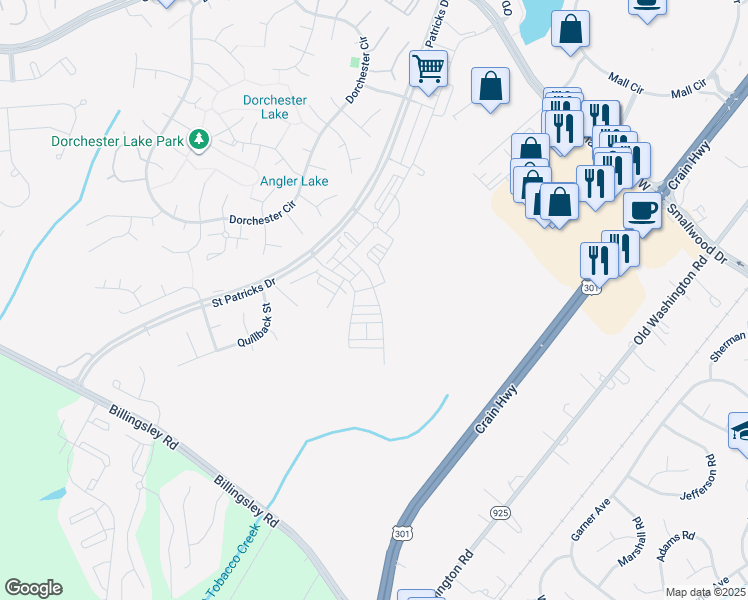 map of restaurants, bars, coffee shops, grocery stores, and more near 10899 Clerkenwell Alley in Waldorf