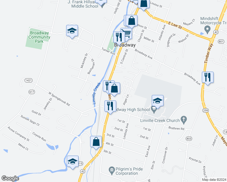 map of restaurants, bars, coffee shops, grocery stores, and more near 351 South Main Street in Broadway