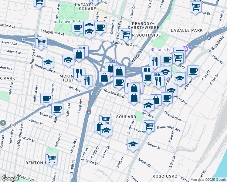 map of restaurants, bars, coffee shops, grocery stores, and more near 1219 Allen Market Lane in St. Louis