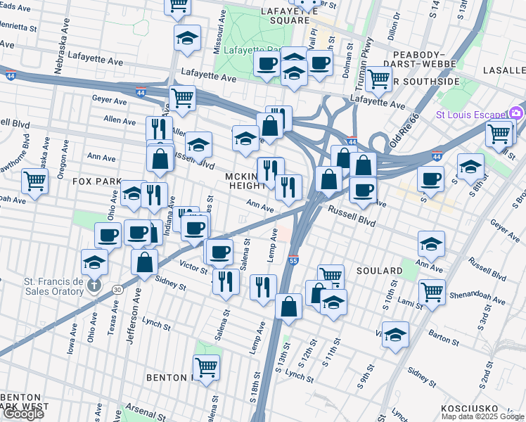 map of restaurants, bars, coffee shops, grocery stores, and more near 2017 Ann Avenue in St. Louis