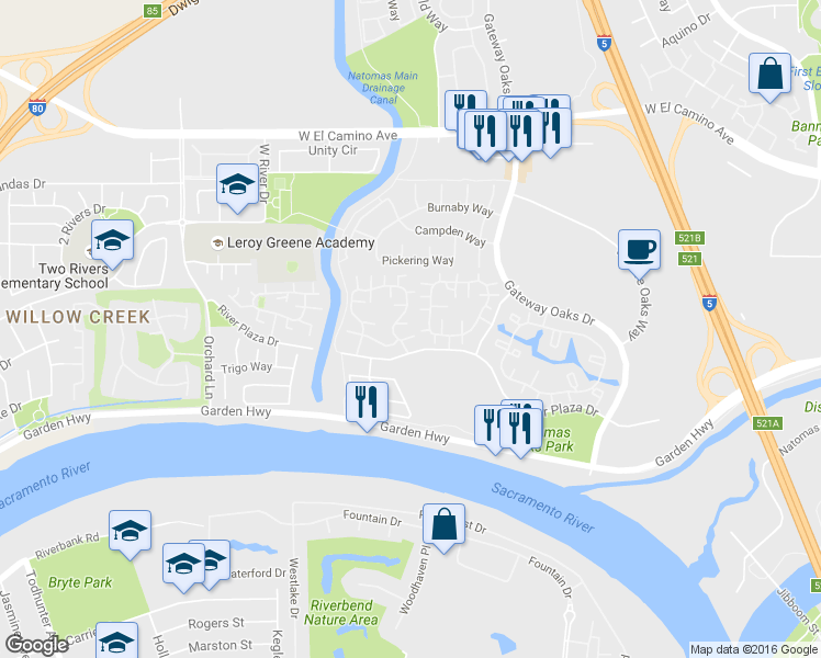 map of restaurants, bars, coffee shops, grocery stores, and more near 2537 River Plaza Drive in Sacramento