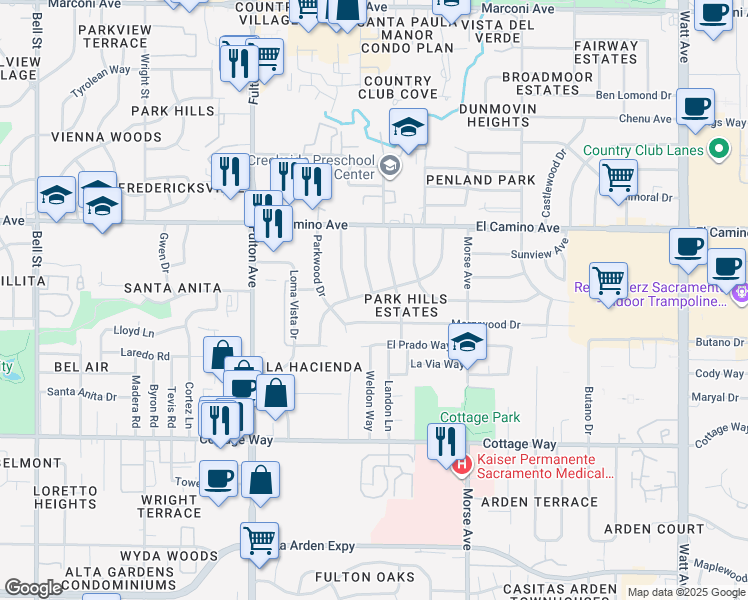 map of restaurants, bars, coffee shops, grocery stores, and more near 2403 Brentwood Road in Sacramento
