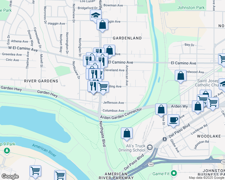 map of restaurants, bars, coffee shops, grocery stores, and more near 540 Harding Avenue in Sacramento
