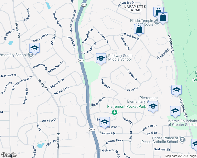 map of restaurants, bars, coffee shops, grocery stores, and more near 909 Danton Court in Ballwin