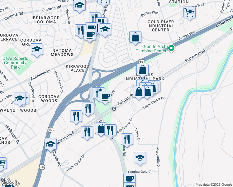 map of restaurants, bars, coffee shops, grocery stores, and more near 11260-11324 Point E Dr in Rancho Cordova