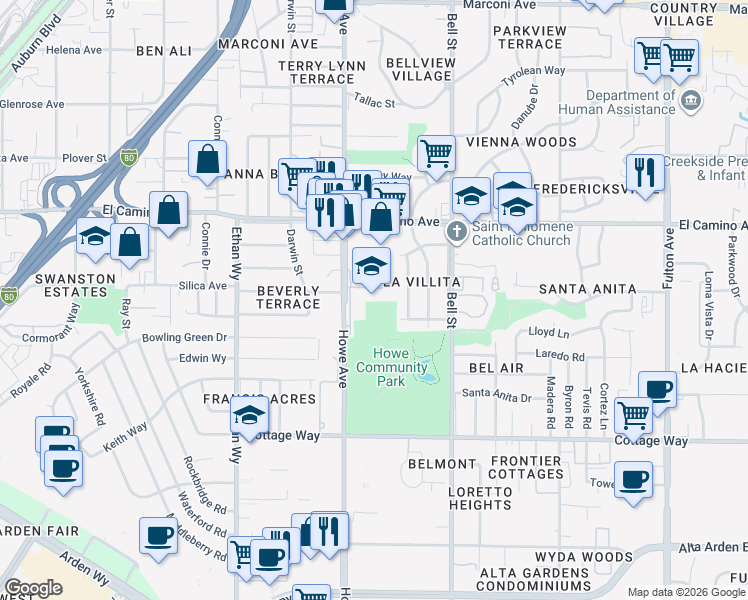 map of restaurants, bars, coffee shops, grocery stores, and more near 2404 Howe Avenue in Sacramento