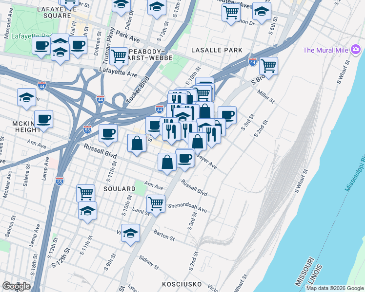 map of restaurants, bars, coffee shops, grocery stores, and more near 1822 South 8th Street in St. Louis