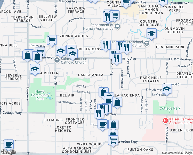 map of restaurants, bars, coffee shops, grocery stores, and more near 2517 Hernando Road in Sacramento