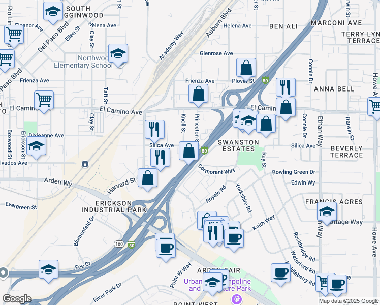 map of restaurants, bars, coffee shops, grocery stores, and more near 1580 Silica Avenue in Sacramento