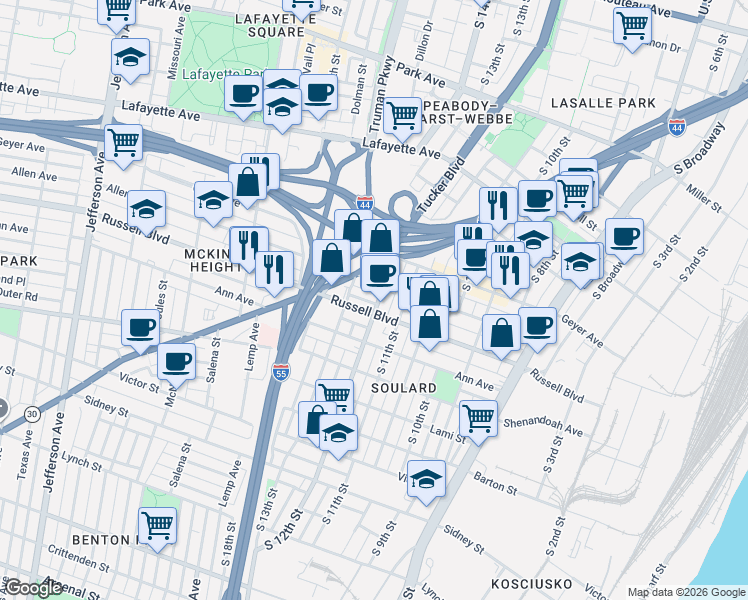 map of restaurants, bars, coffee shops, grocery stores, and more near 1201 Allen Market Lane in St. Louis