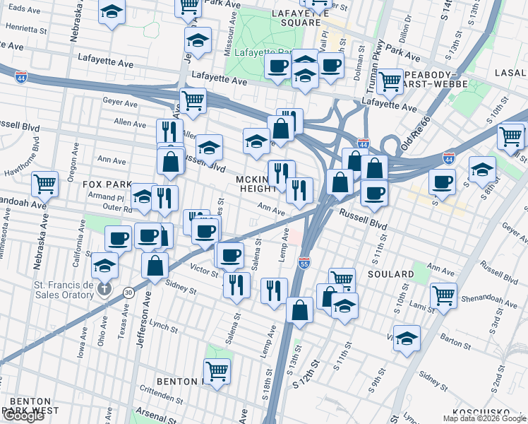 map of restaurants, bars, coffee shops, grocery stores, and more near 2017 Ann Avenue in St. Louis